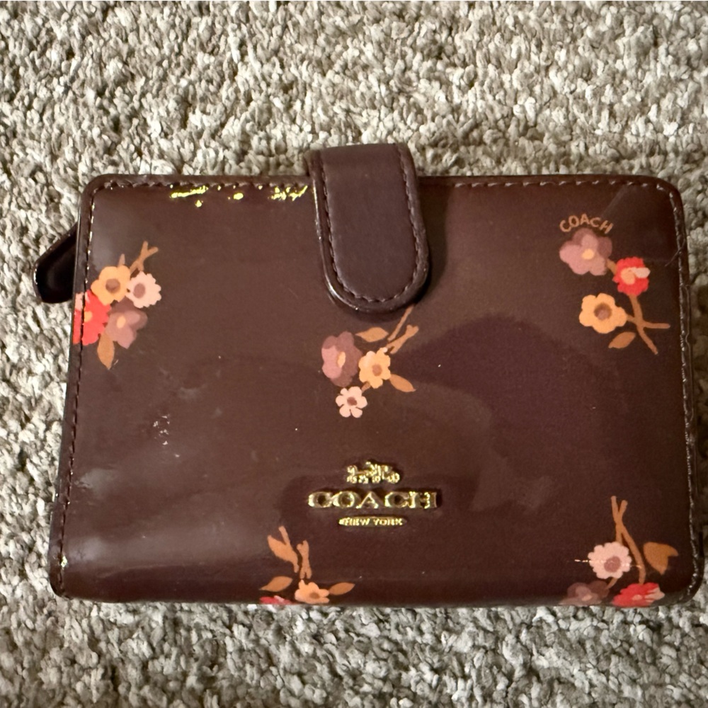 Coach Brown Floral Patent Leather Compact Wallet